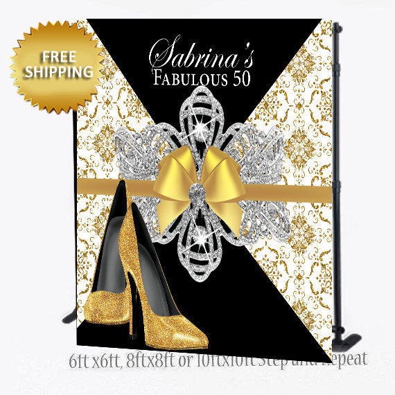 Black and Gold Elegant backdrop, 50 and Fabulous, Heels backdrop, 50th Birthday backdrop, Prom Backdrop, 40th Birthday Backdrop