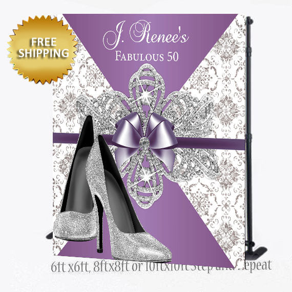 Lavender step and backdrop, Silver heels Elegant Step and Repeat, Heels Step and repeat, 50th Birthday backdrop, 40th Birthday Backdrop