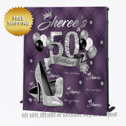 Silver and Purple backdrop, 50th Birthday Step and Repeat, Tufted, 40th Birthday Backdrop, Heels Step and Repeat Backdrop, silver heels