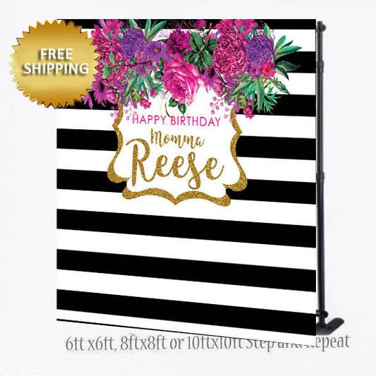 Bridal Shower Step and Repeat, Floral backdrop, Floral step and repeat,  Bridal Shower backdrop, Black and white strips Step and repeat