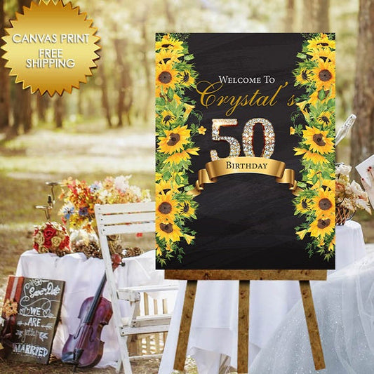 Canvas sign guest book, 50th birthday guest book canvas,Welcome Sign guestbook, 50 and fabulous, rustic canvas sign,Sunflowers canvas sign