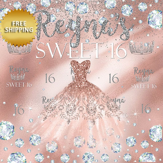 Sweet 16 backdrop, Winter wonderland Step and Repeat, Rose gold Sweet 16 step and repeat, Birthday Backdrop, Rose gold Backdrop,  Diamonds