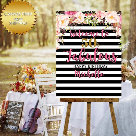 Poster Board Bridal Shower, Welcome Sign,Canvas Print Wedding Sign,  Black and White Stripes Sign, Guest book canvas, 50 and fabulous