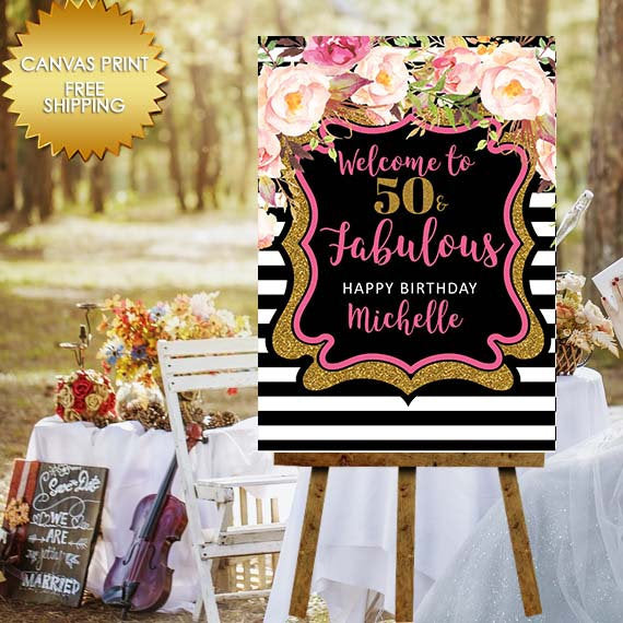 Poster Board Bridal Shower Canvas, Welcome Sign,Canvas Print Wedding Sign,  Black and White Stripes Sign, Guest book canvas, 50 and fabulous