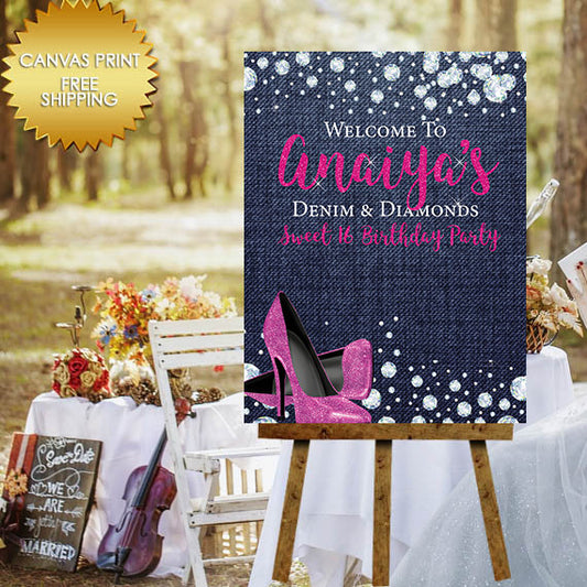 Poster Board Bridal Shower Canvas, Welcome Sign,Canvas Print Wedding Sign, Denim and Diamonds  Sign, Guest book canvas, 50 and fabulous