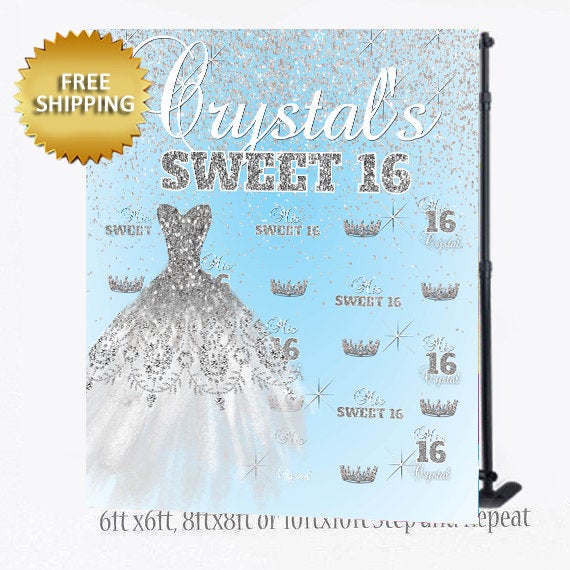 Sweet 16 backdrop, Winter wonderland Step and Repeat, Rose gold Sweet 16 step and repeat, Birthday Backdrop, Baby blue Backdrop, Sparkles