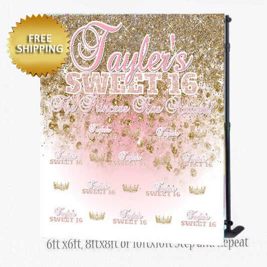 Sweet 16 backdrop, Pink Step and Repeat, Rose gold Sweet 16 step and repeat, Birthday Backdrop, Pink and gold Backdrop, Sparkles