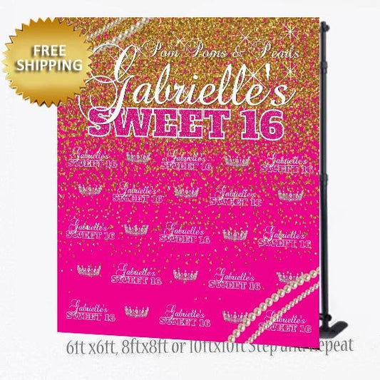 Sweet 16 step and repeat, Pom pom and pearls backdrop, Step and repeat backdrop custom, Pearls backdrop, Sweet 16  pearls backdrop
