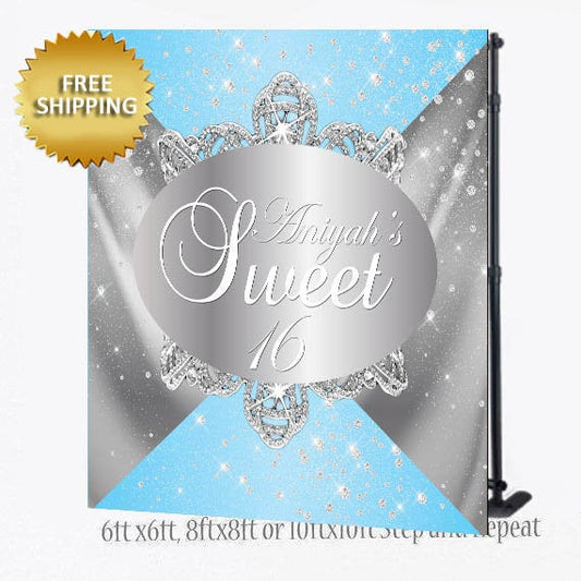 Step and repeat backdrop, Blue and silver Step and Repeat, Sweet 16 Birthday photo booth, Birthday Backdrop, Sweet 16 banner, Backdrop
