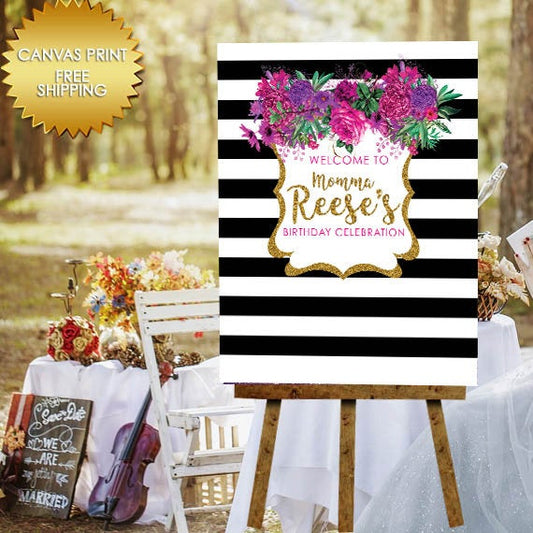 Black and white stripes welcome canvas sign, 50 and Fabulous, canvas guest book, 50th Birthday guest book canvas, guestbook, birthday canvas