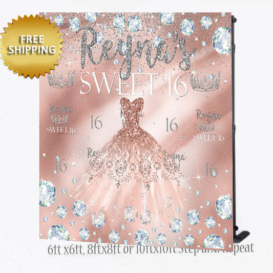 Sweet 16 backdrop, Winter wonderland Step and Repeat, Rose gold Sweet 16 step and repeat, Birthday Backdrop, Rose gold Backdrop,  Diamonds