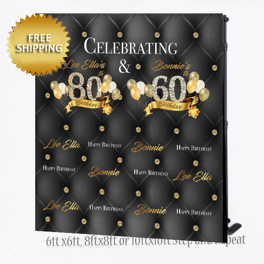 80th Step and Repeat, 60th Birthday backdrop, Birthday Step and repeat, Dual Birthday backdrop, 50th Birthday backdrop, Black gold backdrop