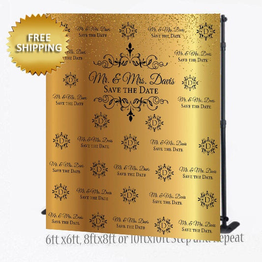 Wedding Step and Repeat, Wedding Backdrop, Engagement Backdrop, Photo Props, Engagement Step and Repeat Backdrop, Black and gold backdrop