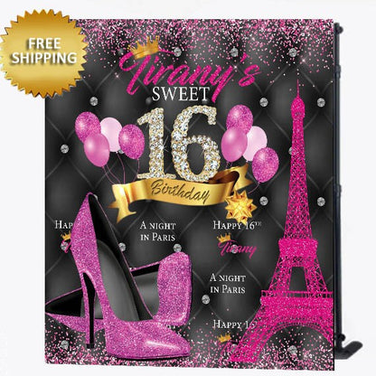 Birthday backdrop, Sweet 16 Birthday Backdrop, Paris step and repeat backdrop, Birthday Photo booth , Birthday banner, Sweet 16 banner