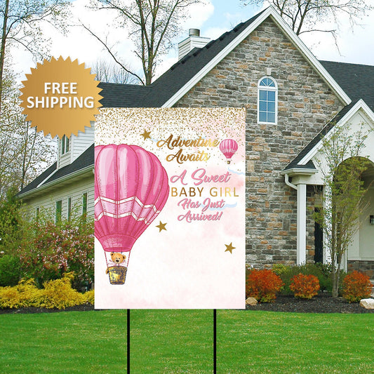 Welcome Home Baby Yard Sign, Adventure Awaits Home Sign, Baby Shower Lawn sign, Hot Air balloons Sign, Birthday sign, Birthday yard banner