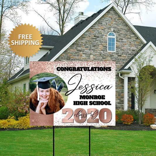 Rose Gold Grad Yard Sign, Rose gold Graduation Photo Lawn Sign,Class of 2020 Grad Photo Yard Sign,Grad Rose Gold Welcome Sign, Foam sign