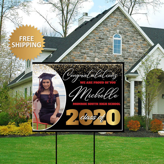 Black and Gold Graduation Yard Sign, Black and Gold Grad Photo Lawn Sign,Class of 2020 Grad Photo Yard  Sign,Grad Welcome Yard Sign