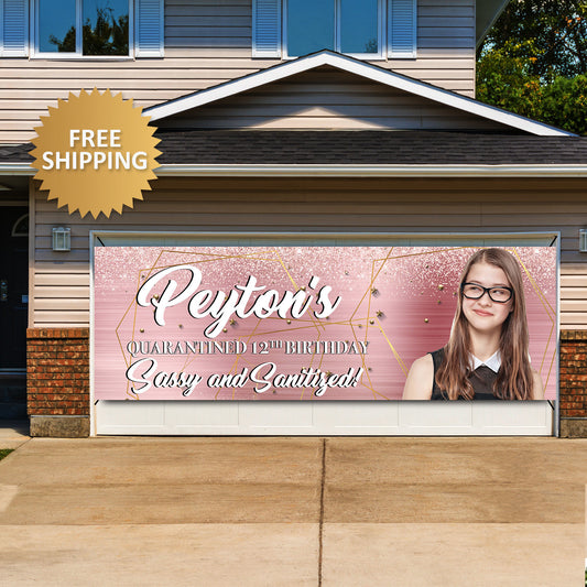 Birthday Banner, Birthday Photo Banner, Birthday Garage Banner, Rose gold Birthday Party Banners, Birthday Garage Banner,sassy and sanitized