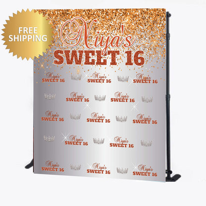 Orange and Silver backdrop, Birthday Step and repeat backdrop, Sweet 16 backdrop, Sweet 16 banner, Tiara banner, Tiara backdrop