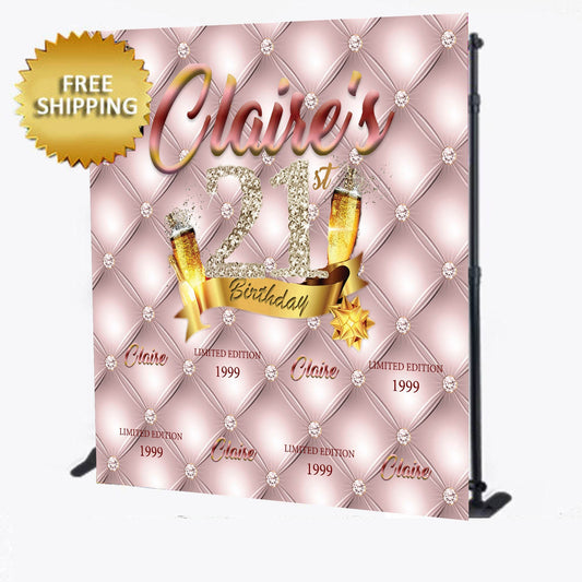 Birthday backdrop,  Rose Gold Step and Repeat,  Rose gold birthday backdrop, 21st Birthday Step and Repeat Backdrop,Sweet 16 Backdrop