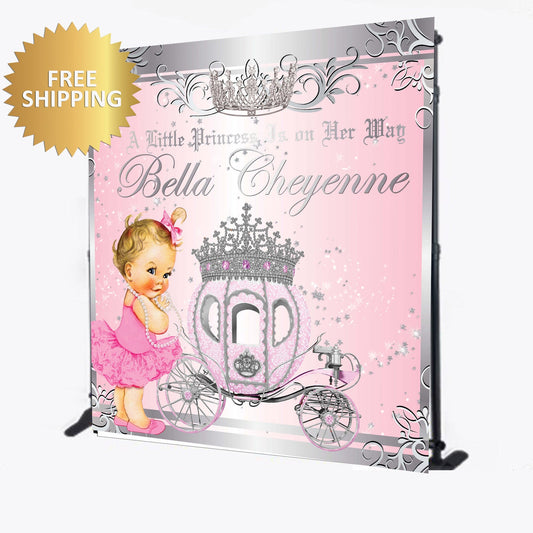 Horse and Carriage backdrop,Baby shower backdrop, baby shower step and repeat, st birthday backdrop, pink silver backdrop, princess backdrop