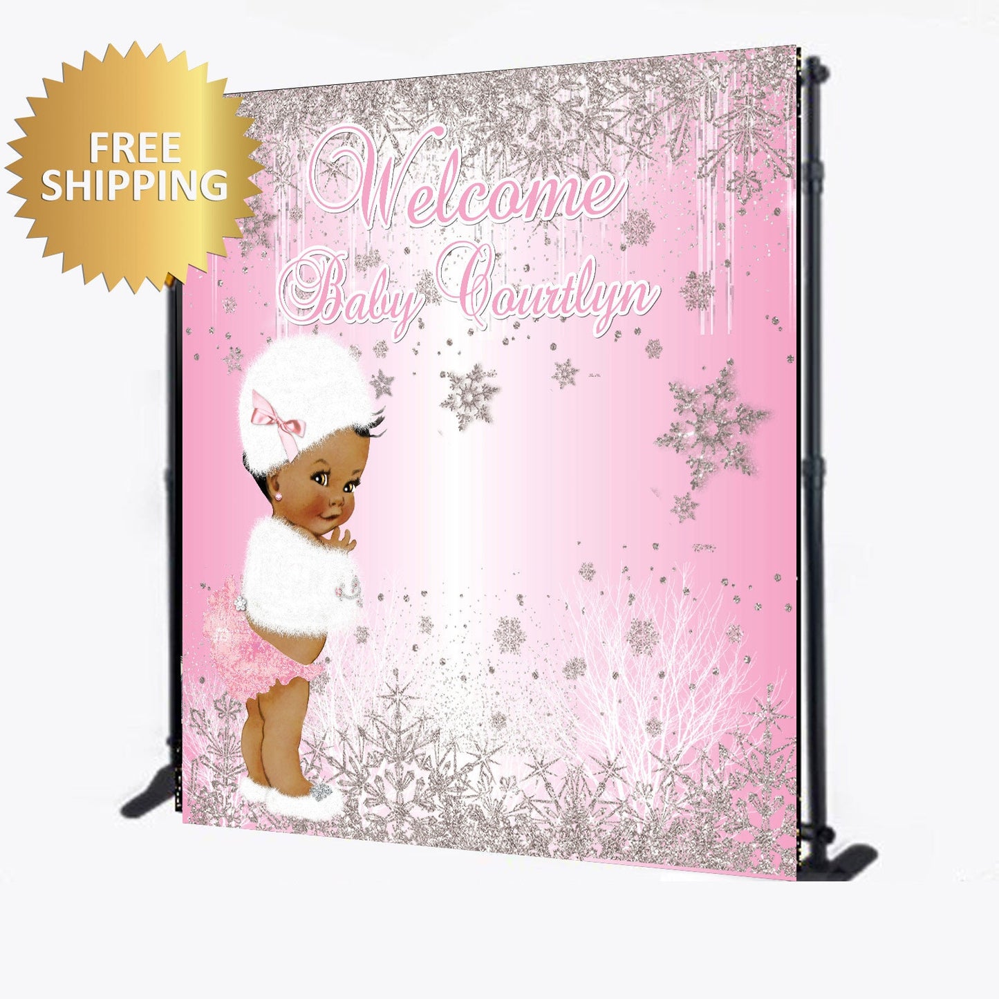 Baby shower Backdrop, Winter Wonderland Backdrop, Birthday backdrop, Baby shower step and repeat, pink and silver backdrop,1st birthday step