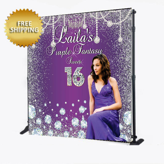 Photo backdrop, Diamonds backdrop, Purple and silver backdrop, Photo step and repeat, Birthday photo backdrop, Sweet 16 step and repeat