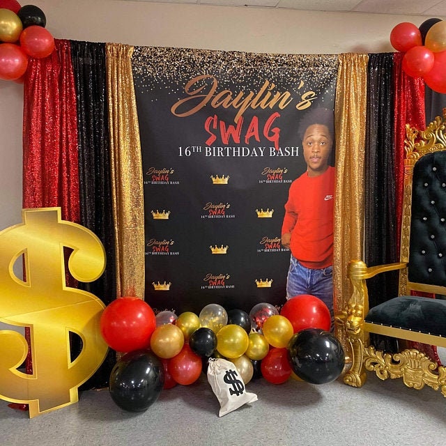 Swag 16 Birthday backdrop, Backdrop photo, Photo Step and Repeat, sweet 16 backdrop, black and red backdrop, photo birthday backdrop