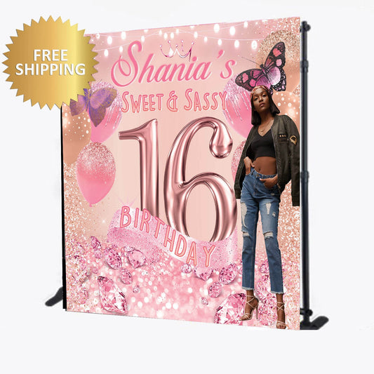 Photo backdrop, Photo step and repeat, Hot pink backdrop, Photo step and repeat, Butterfly backdrop, Sweet 16 banner, 21st birthday backdrop