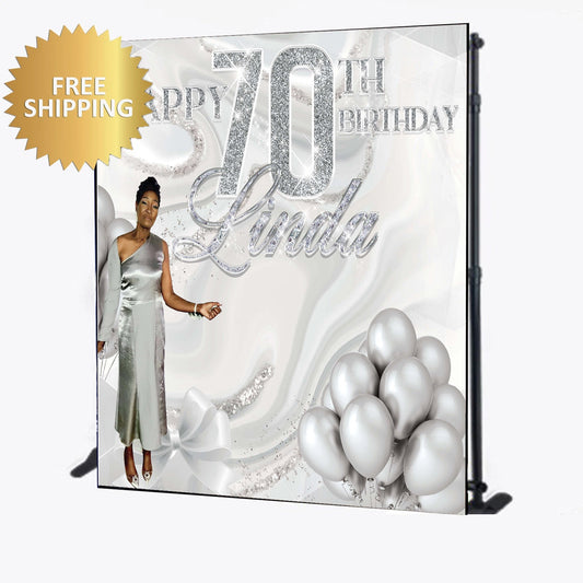 70th birthday backdrop, Custom backdrop, Silver Birthday banner, 70th step and repeat, 50th backdrop, birthday backdrop, party backdrop