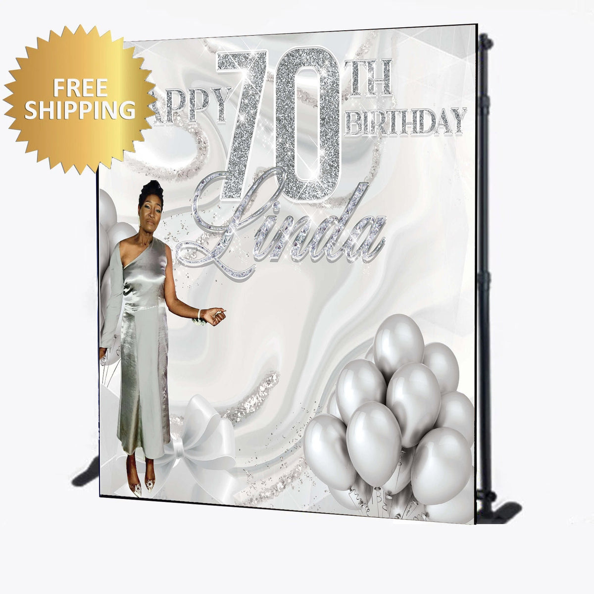 70th birthday backdrop, Custom backdrop, Silver Birthday banner, 70th ...