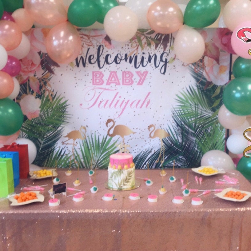 Custom Pink Baby Shower Tropical Printed Backdrop offers Signage