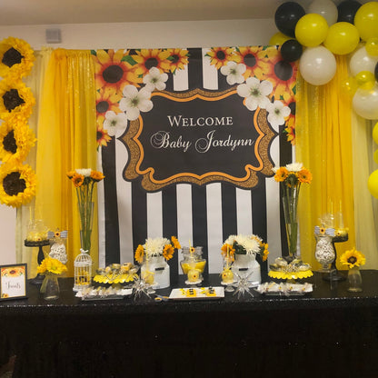 Sunflowers and Stripes Baby Shower Custom Step and Repeat 8x8 Birthday Backdrop